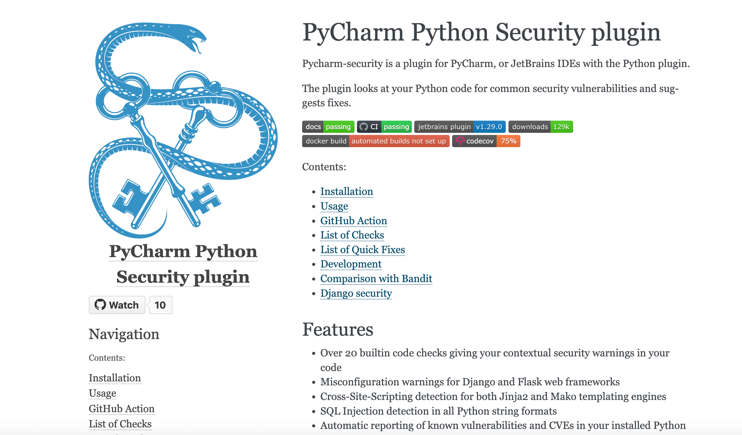 a screen shot of a PyCharm Python Security plugin web page