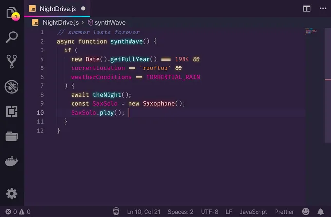 A snapshot of SynthWave'84 Visual Studio Code theme